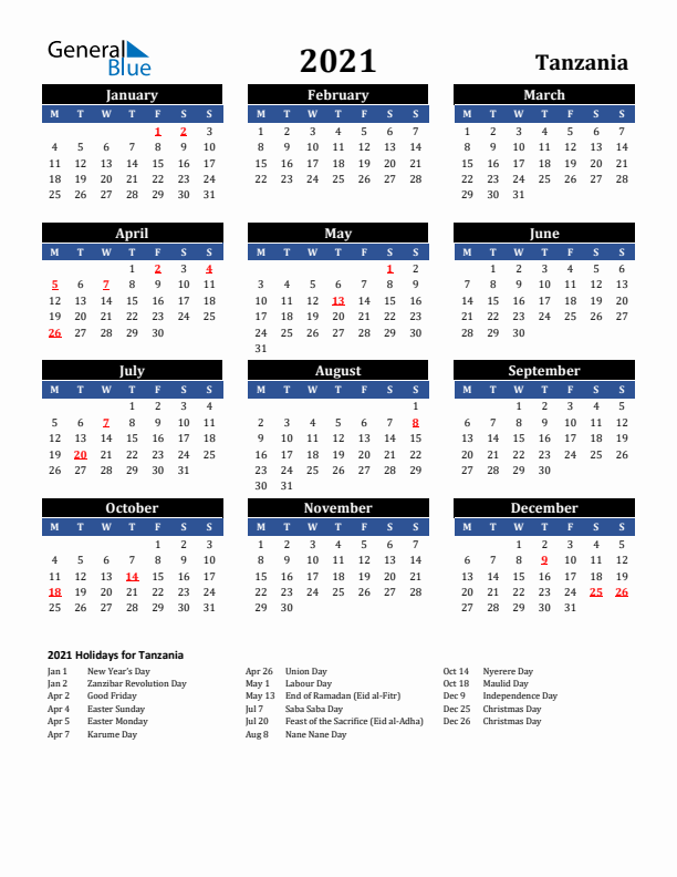 2021 Tanzania Holiday Calendar