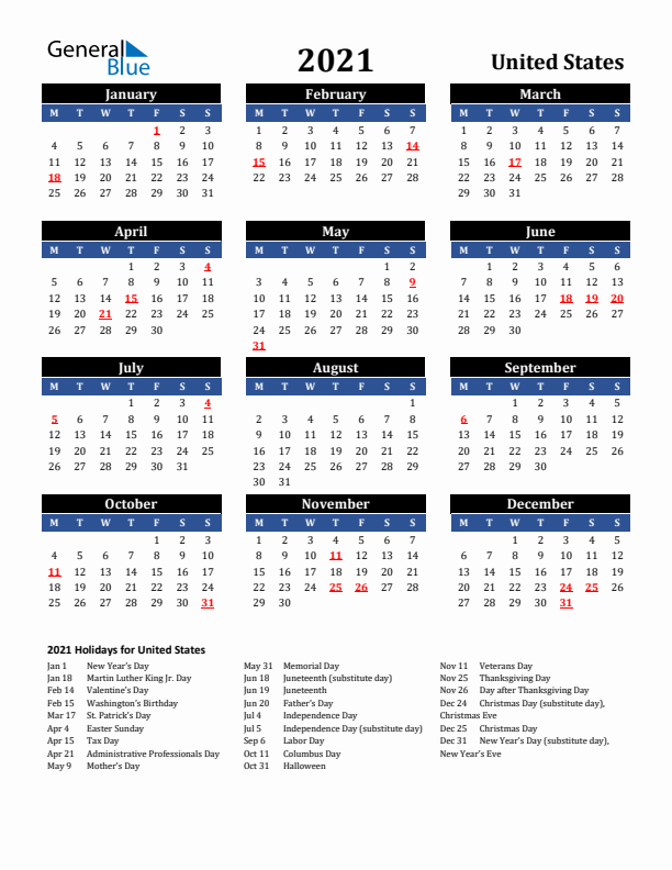 2021 United States Holiday Calendar