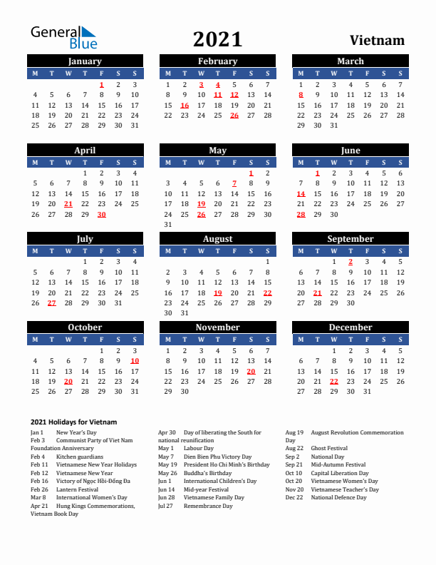 2021 Vietnam Holiday Calendar