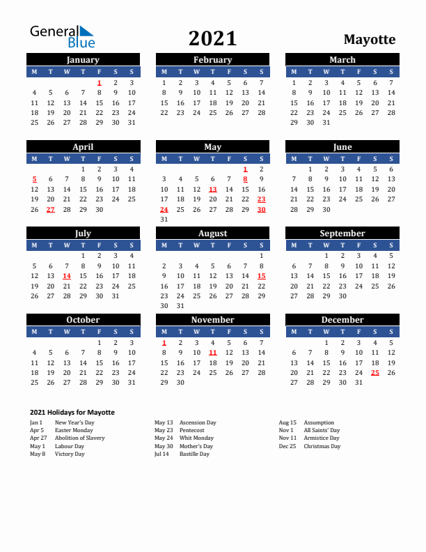 2021 Mayotte Holiday Calendar