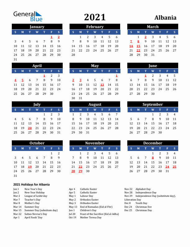 2021 Albania Holiday Calendar
