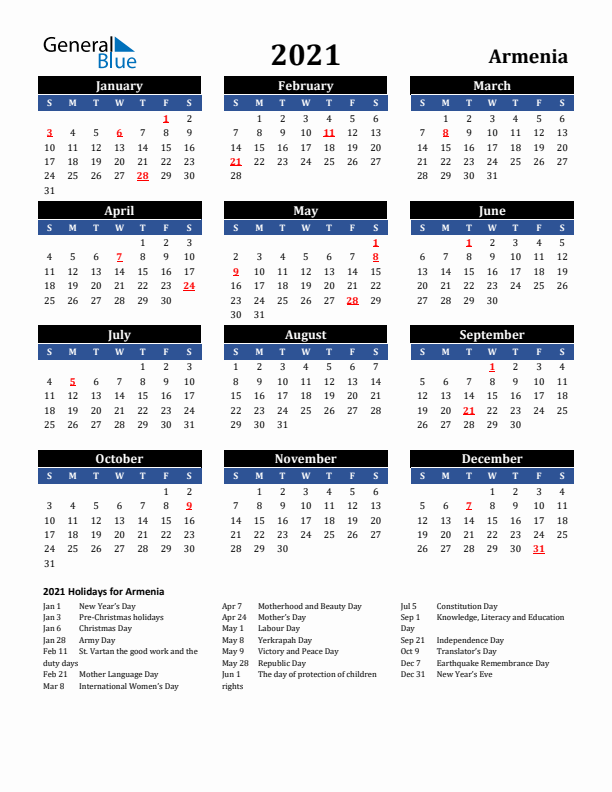 2021 Armenia Holiday Calendar