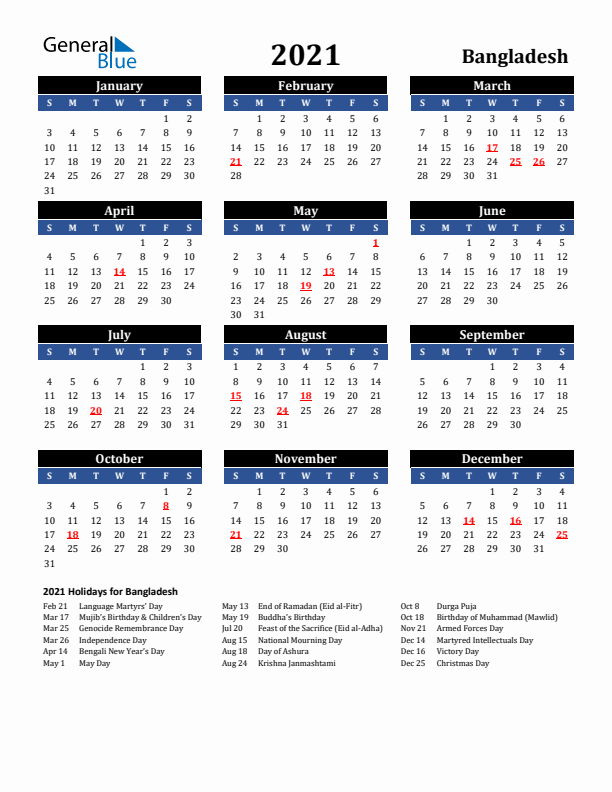 2021 Bangladesh Holiday Calendar