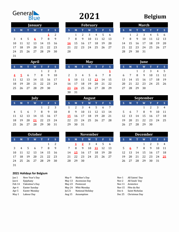 2021 Belgium Holiday Calendar