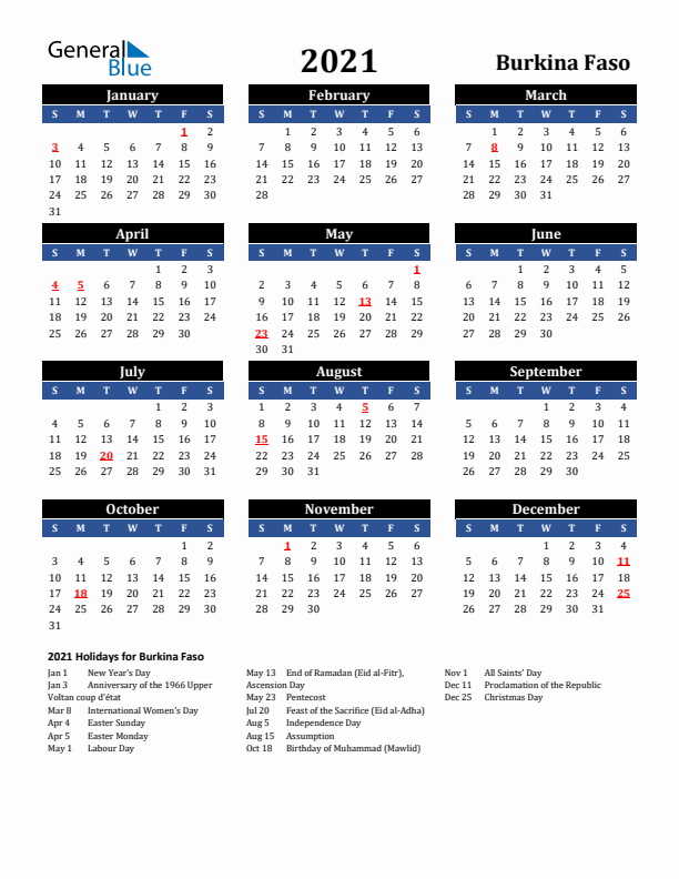 2021 Burkina Faso Holiday Calendar