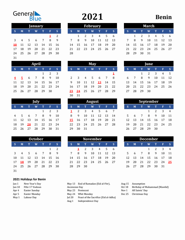 2021 Benin Holiday Calendar