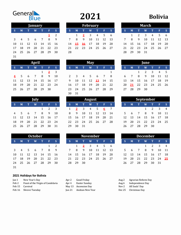 2021 Bolivia Holiday Calendar