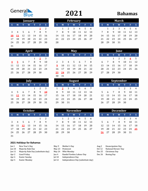 2021 Bahamas Holiday Calendar