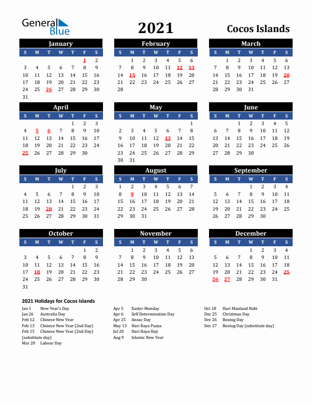 2021 Cocos Islands Holiday Calendar