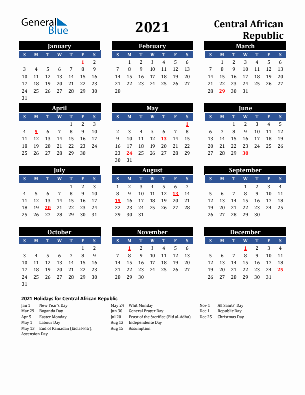 2021 Central African Republic Holiday Calendar