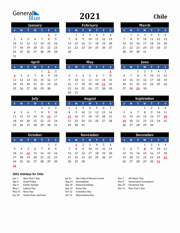 2021 Chile Holiday Calendar