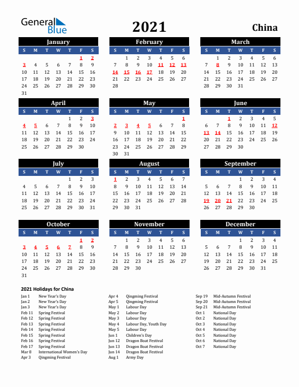 2021 China Holiday Calendar