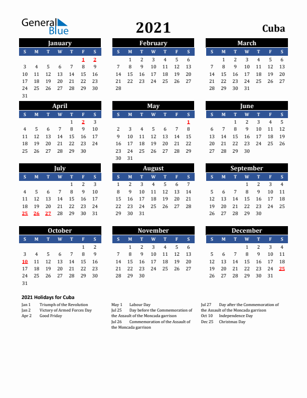 2021 Cuba Holiday Calendar
