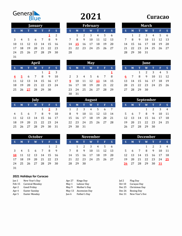 2021 Curacao Holiday Calendar