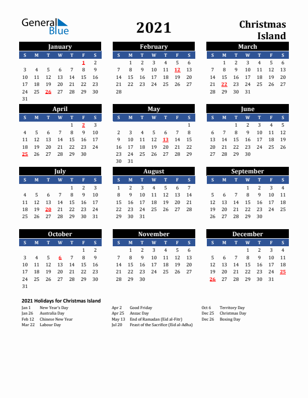 2021 Christmas Island Holiday Calendar