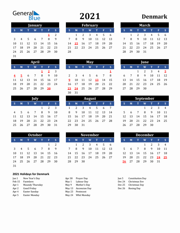 2021 Denmark Holiday Calendar