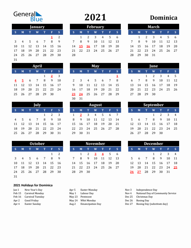 2021 Dominica Holiday Calendar