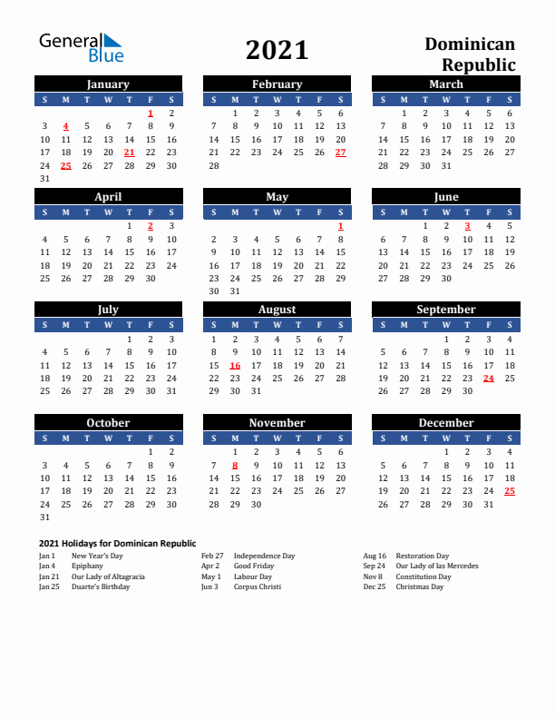 2021 Dominican Republic Holiday Calendar