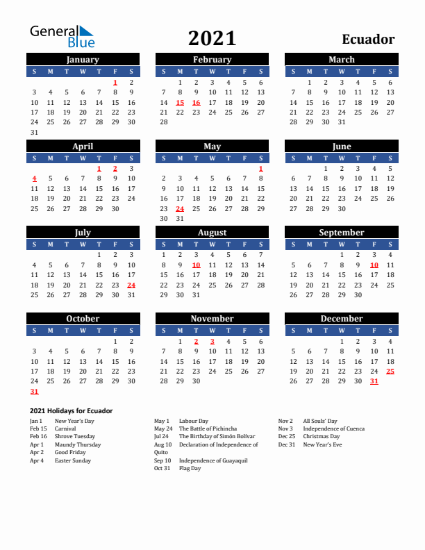 2021 Ecuador Holiday Calendar