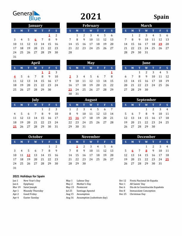 2021 Spain Holiday Calendar