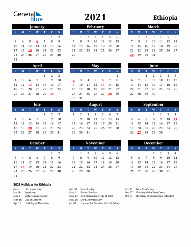 2021 Ethiopia Holiday Calendar