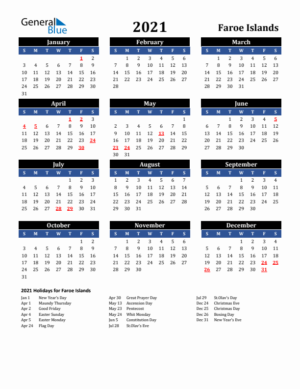 2021 Faroe Islands Holiday Calendar
