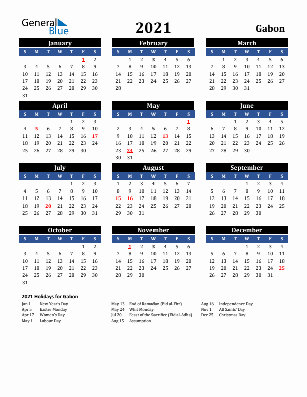 2021 Gabon Holiday Calendar