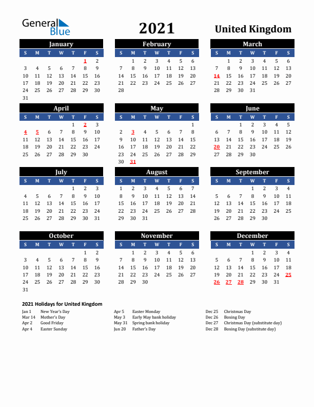 2021 United Kingdom Holiday Calendar