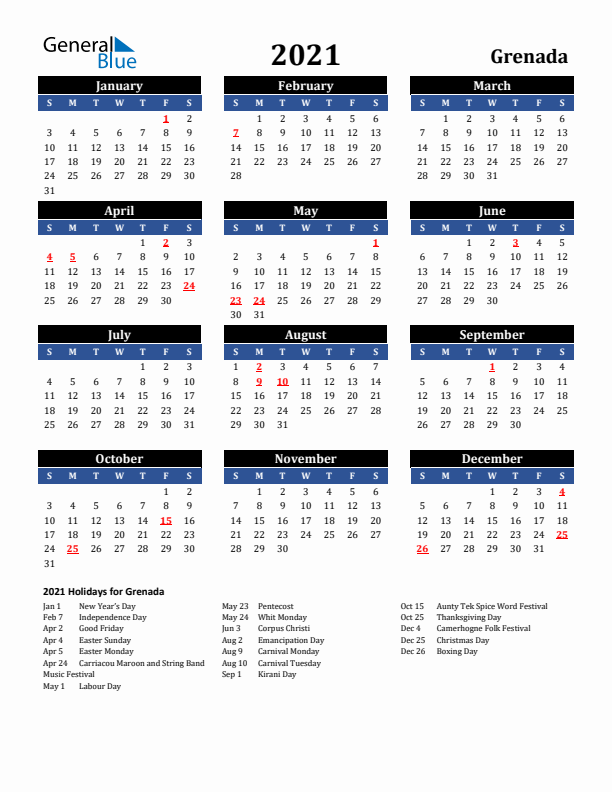 2021 Grenada Holiday Calendar