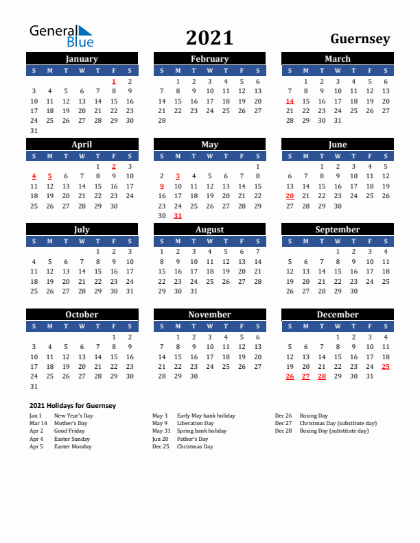 2021 Guernsey Holiday Calendar