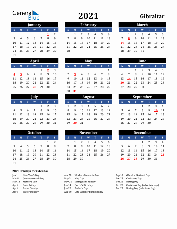 2021 Gibraltar Holiday Calendar
