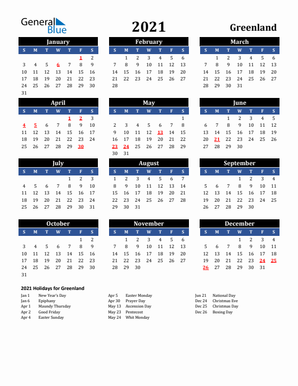 2021 Greenland Holiday Calendar