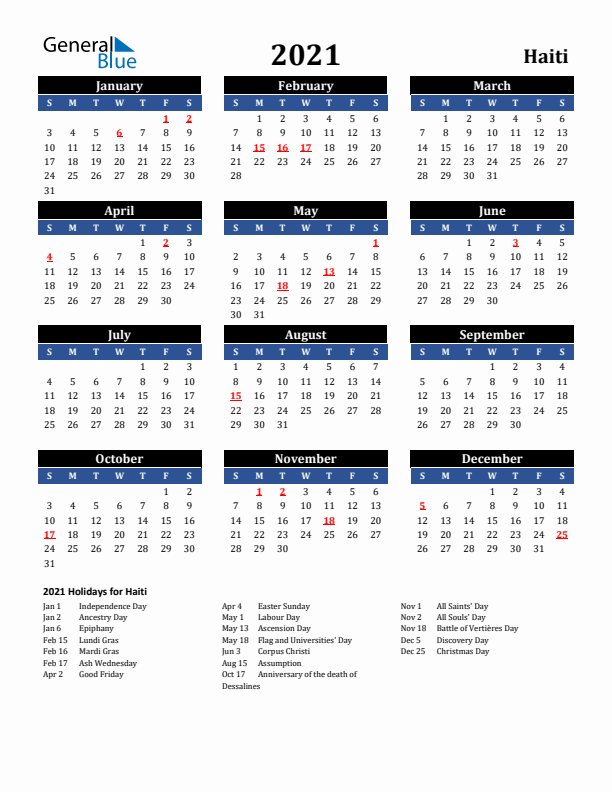 2021 Haiti Holiday Calendar