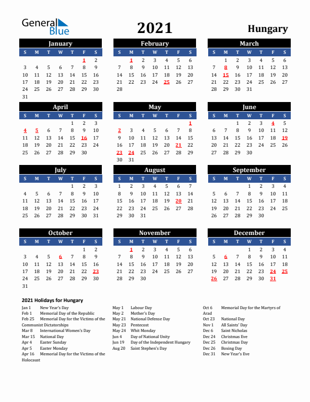 2021 Hungary Holiday Calendar
