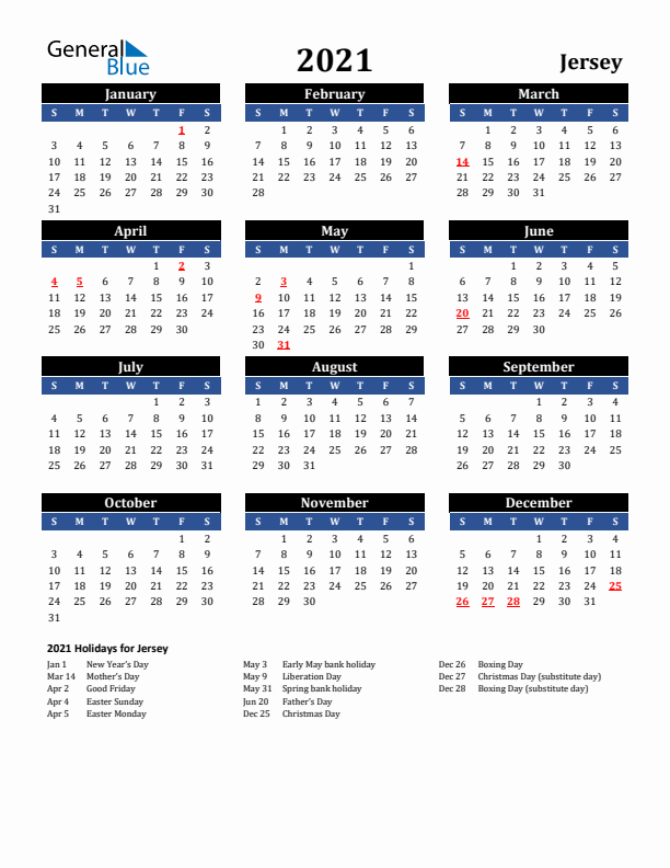 2021 Jersey Holiday Calendar