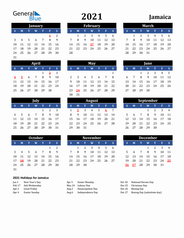 2021 Jamaica Holiday Calendar