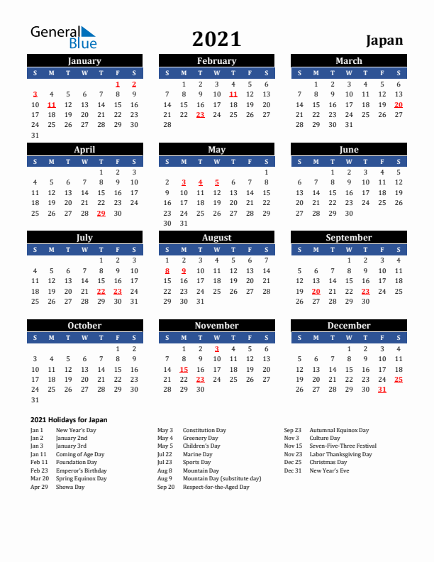 2021 Japan Holiday Calendar