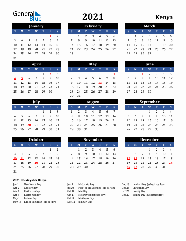 2021 Kenya Holiday Calendar