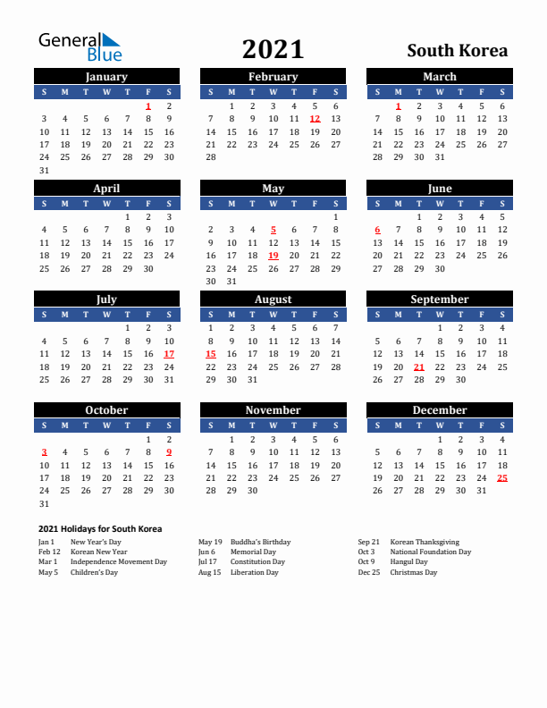 2021 South Korea Holiday Calendar