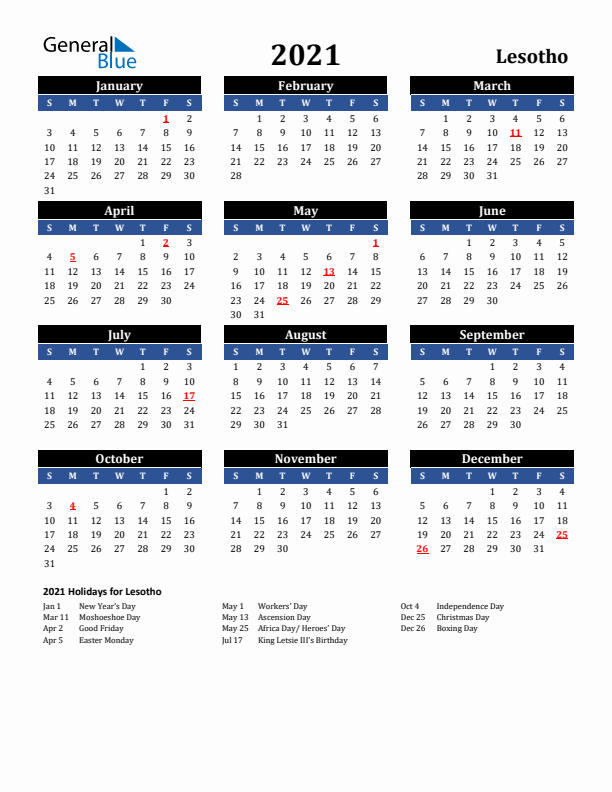 2021 Lesotho Holiday Calendar