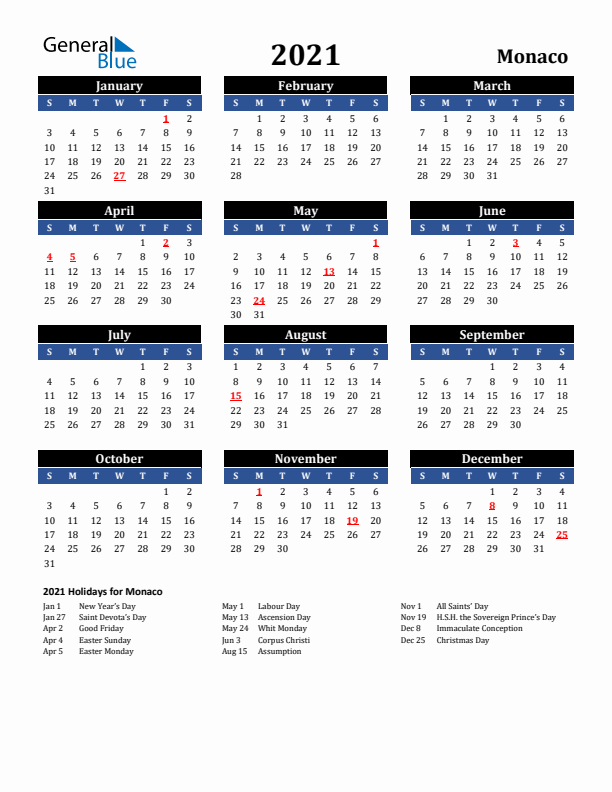 2021 Monaco Holiday Calendar