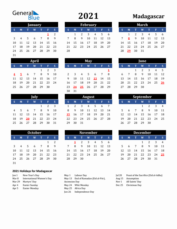2021 Madagascar Holiday Calendar