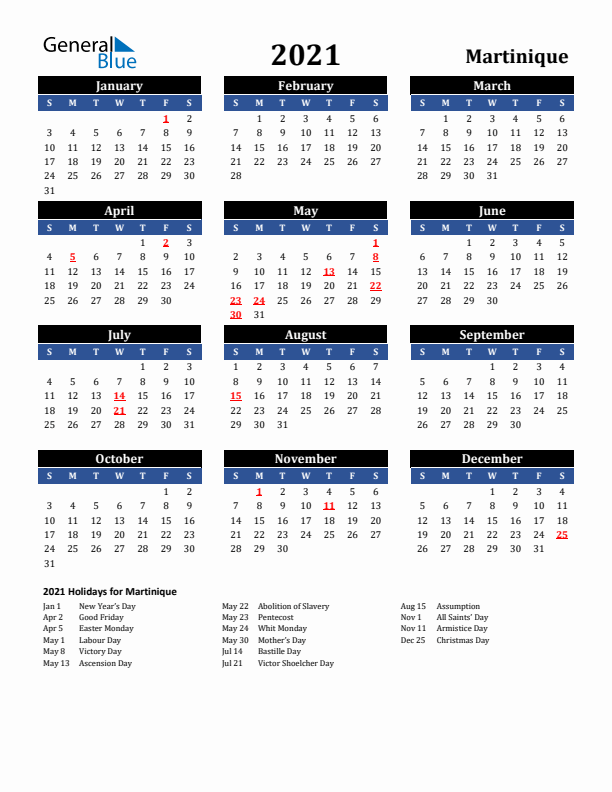 2021 Martinique Holiday Calendar