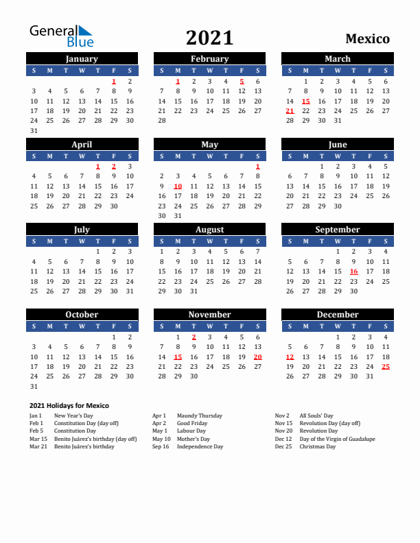 2021 Mexico Holiday Calendar