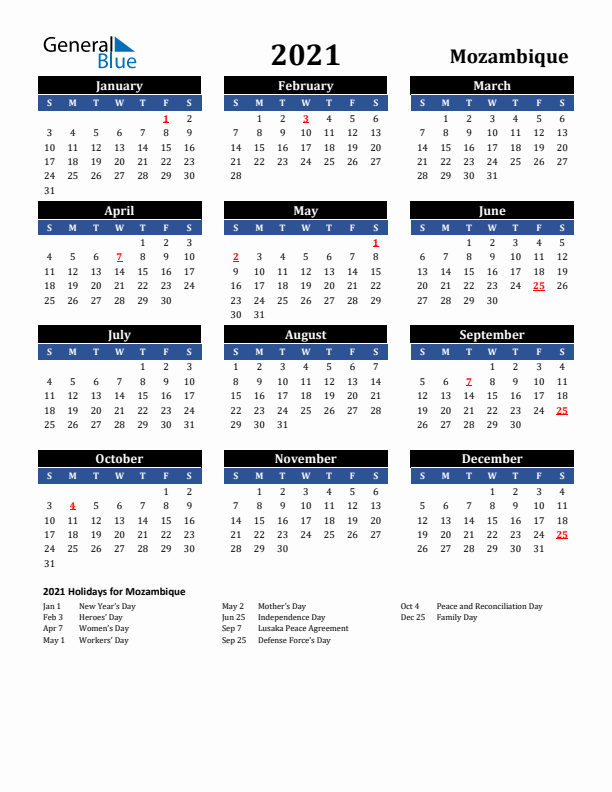 2021 Mozambique Holiday Calendar