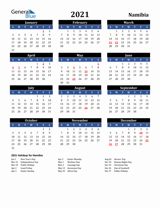 2021 Namibia Holiday Calendar