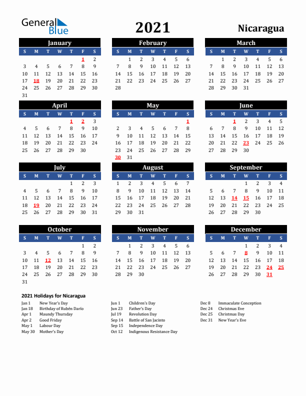 2021 Nicaragua Holiday Calendar