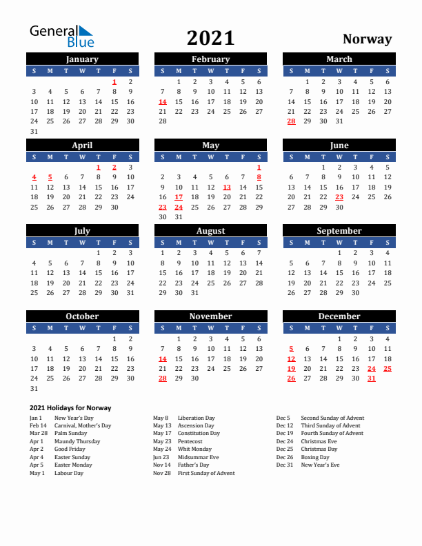 2021 Norway Holiday Calendar