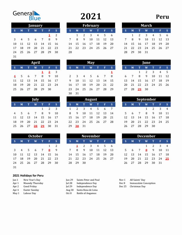 2021 Peru Holiday Calendar