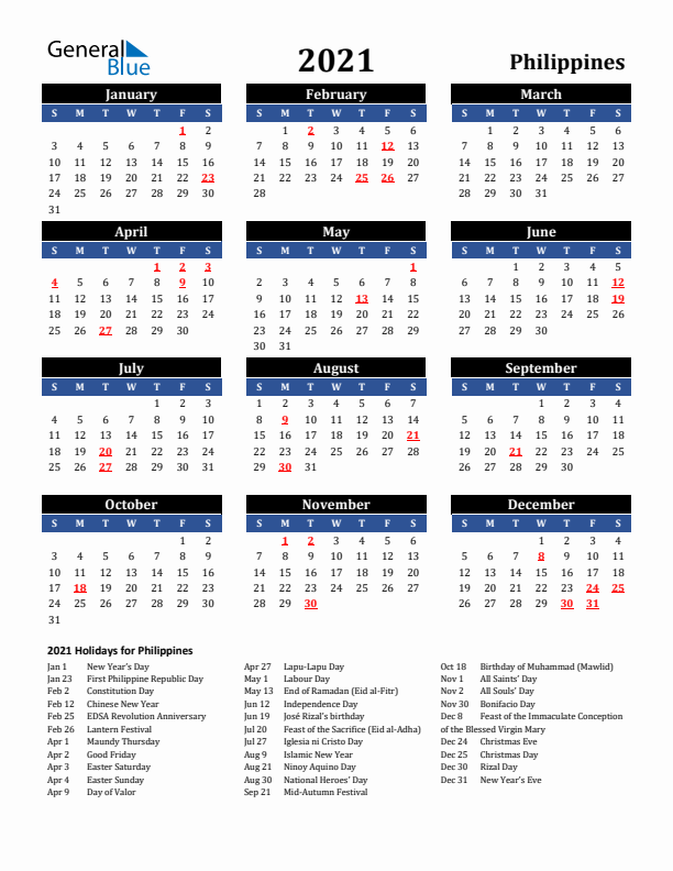 2021 Philippines Holiday Calendar